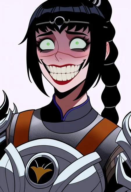 best quality, amazing quality, very aesthetic, absurdres,
jokerized, smile, grin, teeth, red lips, constricted pupils, crazy eyes,
1girl, solo, shadowheart, black hair, braided ponytail, green eyes, scar on face, circlet, armor,
smile, looking at viewer, upper body, simple background, white background, <lora:ShadowHeartIllustrious_byKonan:0.8> <lora:JokerizedNoobXL_byKonan:1>