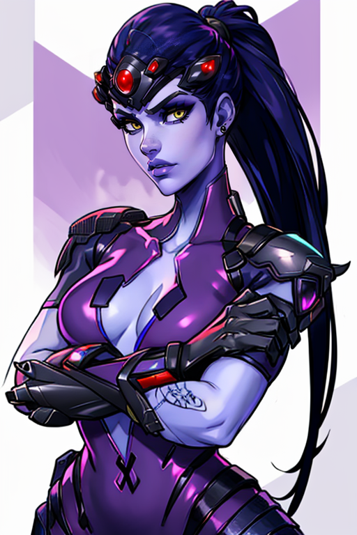 masterpiece,best quality,extreme detail,8k,image sharpness,<lora:widowmaker-10:0.8> widow2, 1girl, solo, long hair, breasts, looking at viewer, gloves, jewelry, medium breasts, yellow eyes, upper body, ponytail, purple hair, short sleeves, earrings, armor, lips, bodysuit, tattoo, makeup, colored skin, crossed arms, lipstick, shoulder armor, pauldrons, center opening, stud earrings, purple skin, hair pulled back, purple lips, pink bodysuit, head-mounted display