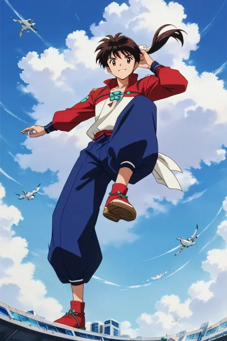 score_9, score_8_up, score_7_up, source_anime, rating_safe, , , , 1boy, rex \(xenoblade\), xenoblade chronicles \(series\), brown hair, brown eyes, solo, from below, spaceship, day, clouds, standing on one leg, smile, <lora:inuyasha_style_pony:0.92>, inuyasha_style, , <lora:sdxl_lightning_8step_lora:1>