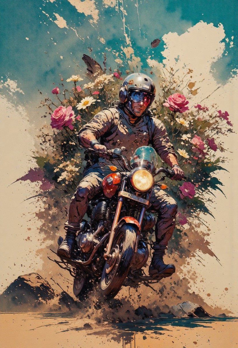 masterpiece, newest, absurdres, incredibly absurdres, best quality, amazing quality, very aesthetic, aidmainkstyle, abstract oil painting, rough, textural, broad brush strokes, panoramic shot, The motorcycle rolls in the desert, transparent racer, the trail of the drum blooms with flowers, there is only a desert and cracks in the ground, the trail of the drum blooms with daisies, roses and lilies, the sky is clear, gnarling pieces of paper fly in the sky, heat, hunger, a spring, dust,