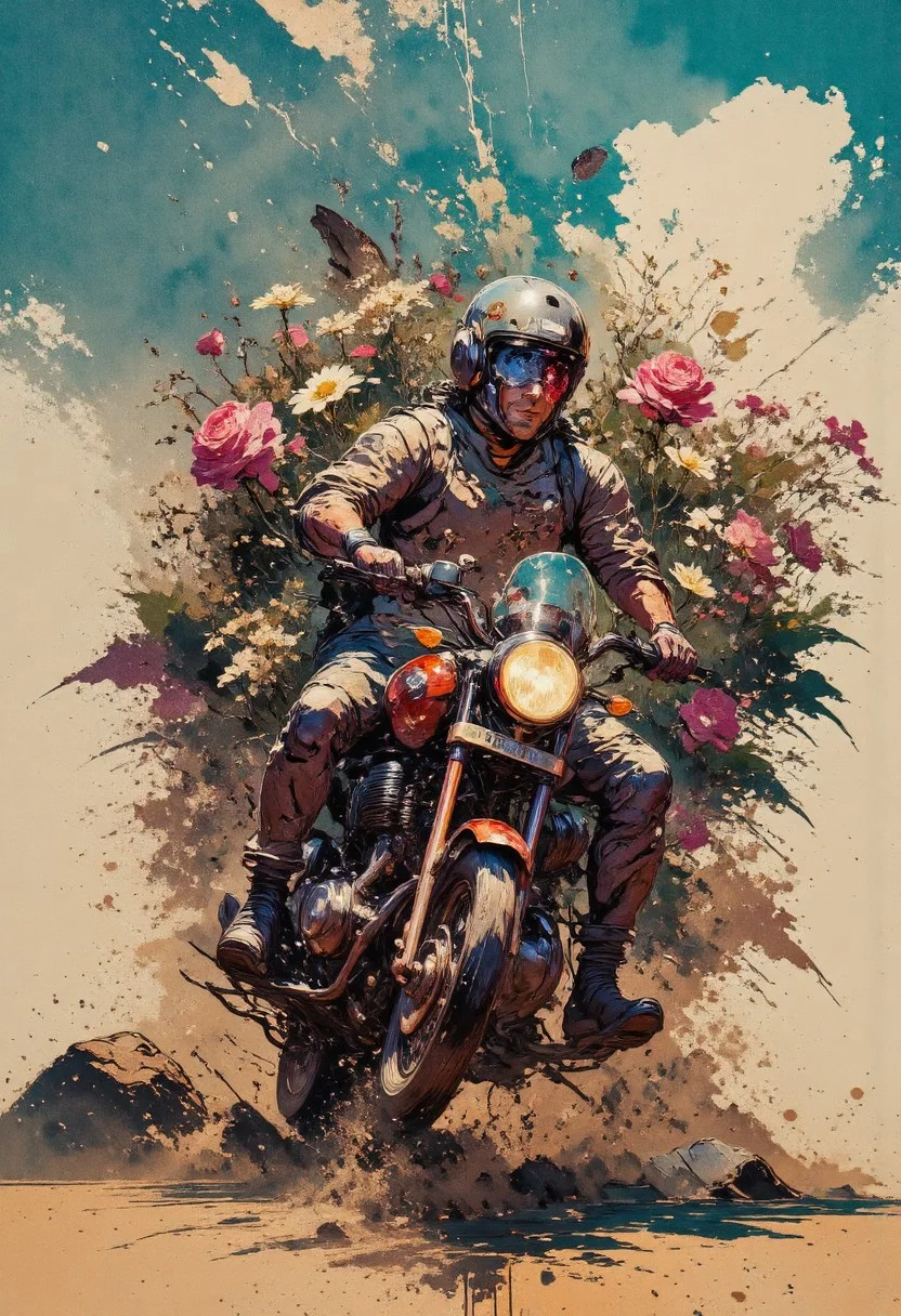 masterpiece, newest, absurdres, incredibly absurdres, best quality, amazing quality, very aesthetic, aidmainkstyle, abstract oil painting, rough, textural, broad brush strokes, panoramic shot, The motorcycle rolls in the desert, transparent racer, the trail of the drum blooms with flowers, there is only a desert and cracks in the ground, the trail of the drum blooms with daisies, roses and lilies, the sky is clear, gnarling pieces of paper fly in the sky, heat, hunger, a spring, dust,