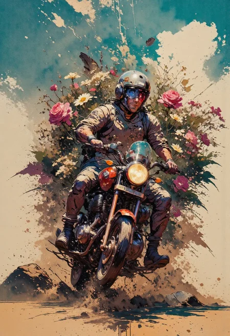 masterpiece, newest, absurdres, incredibly absurdres, best quality, amazing quality, very aesthetic, aidmainkstyle, abstract oil painting, rough, textural, broad brush strokes, panoramic shot, The motorcycle rolls in the desert, transparent racer, the trail of the drum blooms with flowers, there is only a desert and cracks in the ground, the trail of the drum blooms with daisies, roses and lilies, the sky is clear, gnarling pieces of paper fly in the sky, heat, hunger, a spring, dust,