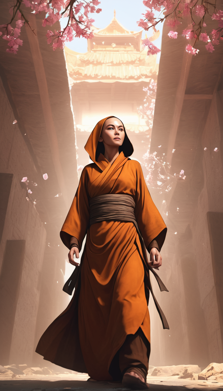 Cinematic scene, female monk, detailed background, masterpiece, best quality, high quality, highres, absurdres <lora:guild_wars_xl_v3:1>