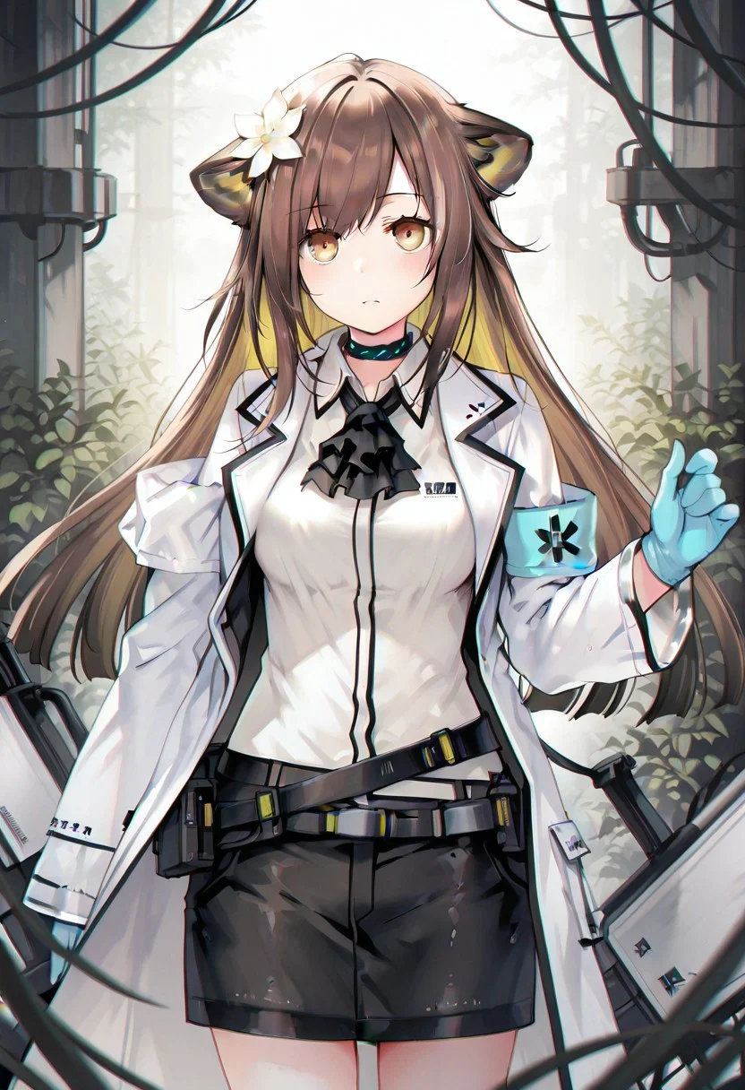 artist:Tsunako,(artist:miyase mahiro:0.6),(artist:ke-ta:0.8),masterpiece,best quality,amazing quality,1girl,1girl,folinic(Arknights),cowboy shot ,animal_ears,brown_hair, long_hair, animal_ears, yellow_eyes, hair_ornament, hair_flower, breasts, multicolored_hair, cat_ears,white coat,black ascot,blue gloves,