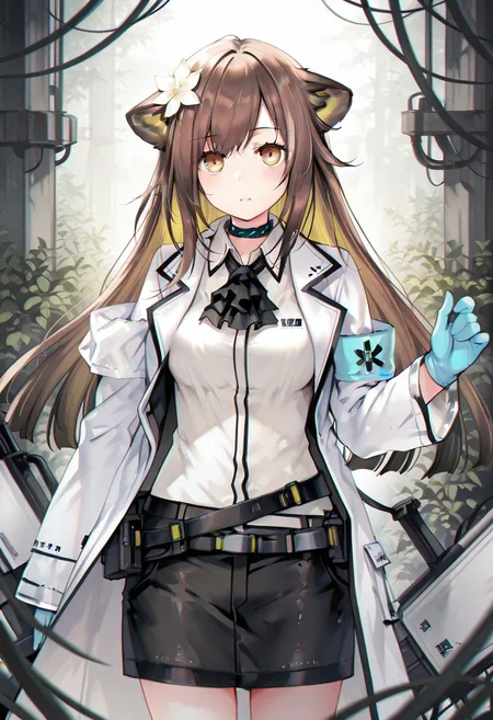 artist:Tsunako,(artist:miyase mahiro:0.6),(artist:ke-ta:0.8),masterpiece,best quality,amazing quality,1girl,1girl,folinic(Arknights),cowboy shot ,animal_ears,brown_hair, long_hair, animal_ears, yellow_eyes, hair_ornament, hair_flower, breasts, multicolored_hair, cat_ears,white coat,black ascot,blue gloves,