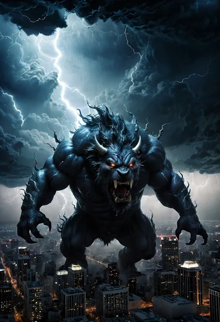 black clouds, rain, lightening, dark, night, ( beast appears from the rolling cloud), The beasts looks down as he towers above the city below, DEVIL SPAWN