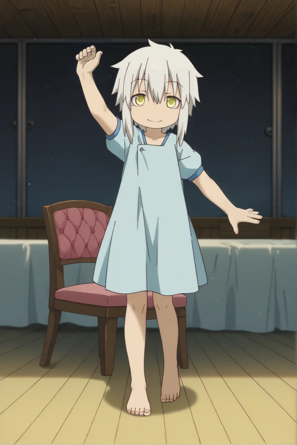 score_9, score_8_up, score_7_up, source_anime, anime style, 1boy, solo, human nanachi, white hair, yellow eyes, Blue dress, short sleeves, looking at viewer, indoors, dark, chair, smile, dancing, full body, <lora:Human_Nanachi_-_Made_in_Abyss_Pony:1>,