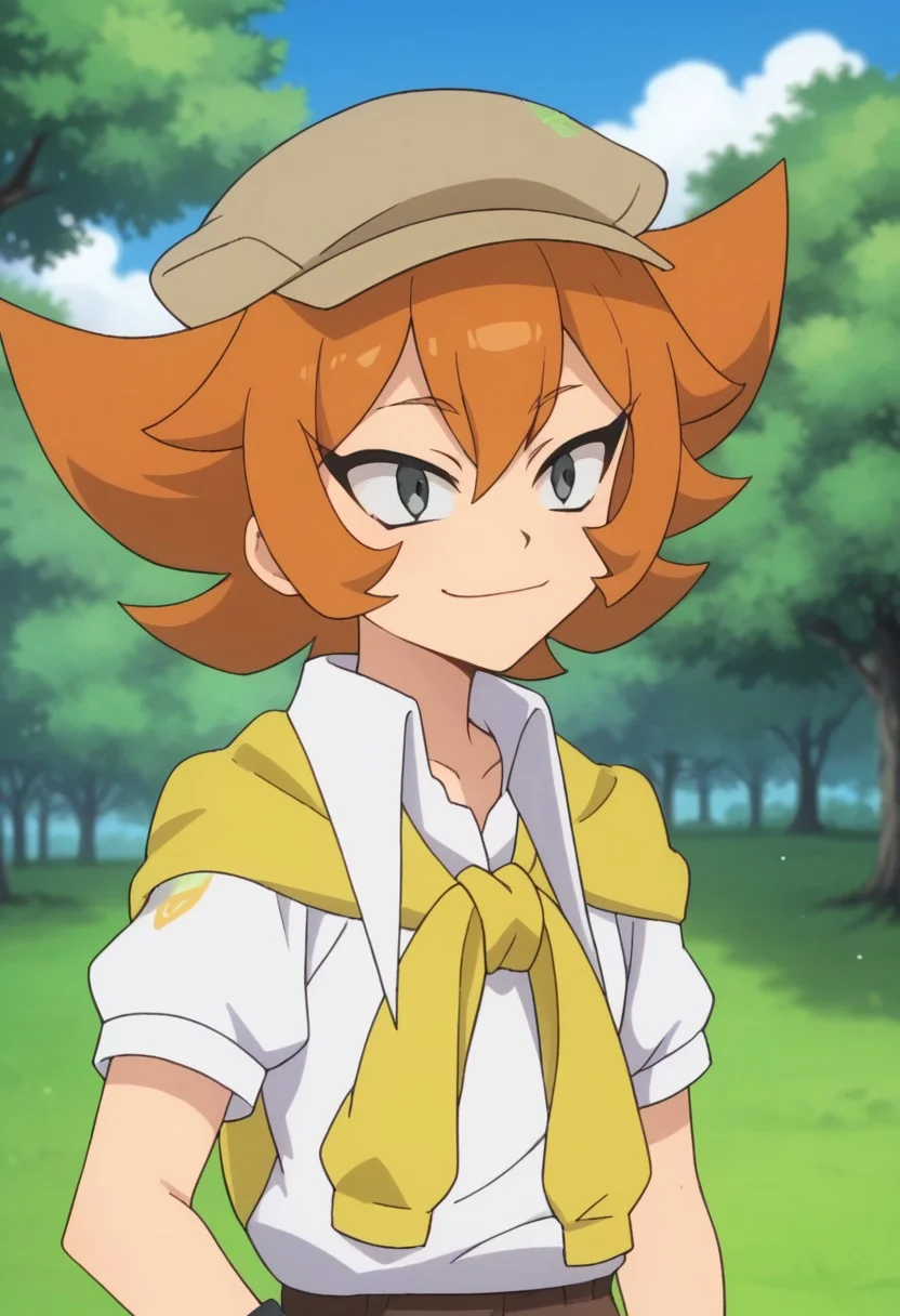 score_9, score_8_up, score_7_up, source_anime, highly detailed,
ranma, 1boy, male focus, solo, orange hair, hat, brown headwear, grey eyes, shirt, white shirt, short sleeves, sweater, yellow sweater, sweater around neck, bracelet, shorts, brown shorts, upper body, smile,
outdoor, sky, tree, cloud