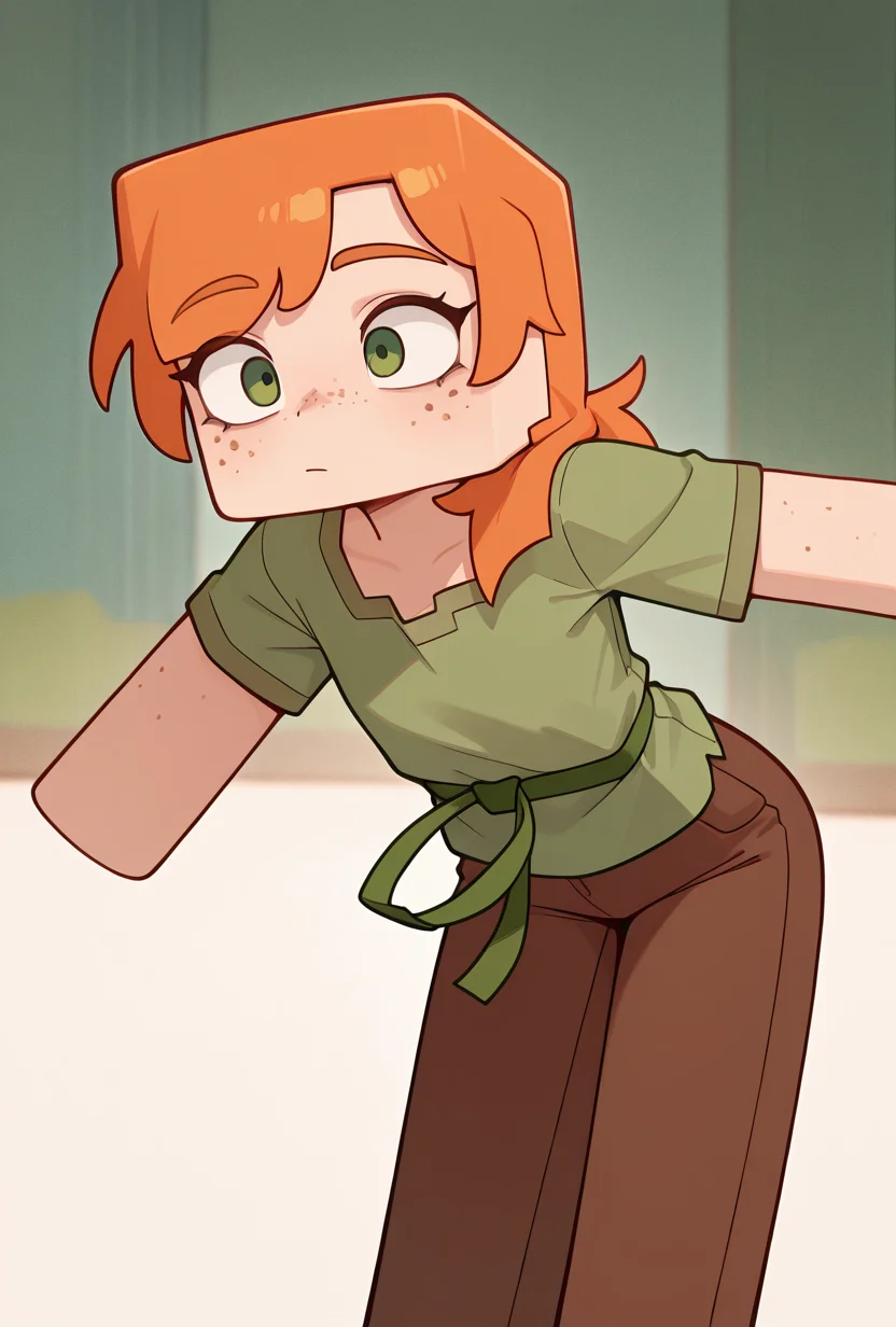 <lora:alexmc-10:1> alexmc, orange hair, 1girl, solo, green eyes, long green shirt, brown pants, short sleeves, freckles, square arms, square body, green waist ribbon, dynamic pose,, masterpiece, best quality, amazing quality, very aesthetic, absurdres, newest,