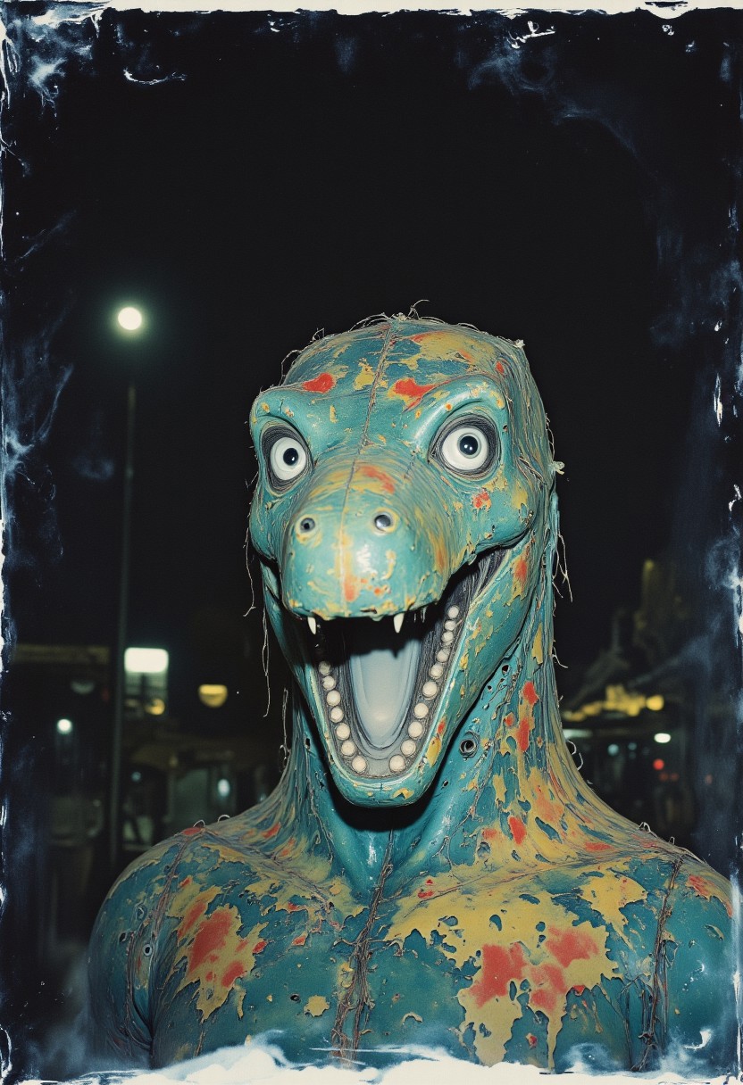 live action found footage, old photo, A series of eerie, distorted Polaroids from the 1980s of an abandoned amusement park at night, highlighting a dilapidated dinosaur animatronic with peeling paint and sinister-looking eyes. The scene is unexpectedly photobombed by an unidentified blurry figure that adds an unintended ghostly presence.