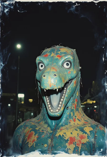 live action found footage, old photo, A series of eerie, distorted Polaroids from the 1980s of an abandoned amusement park at night, highlighting a dilapidated dinosaur animatronic with peeling paint and sinister-looking eyes. The scene is unexpectedly photobombed by an unidentified blurry figure that adds an unintended ghostly presence.