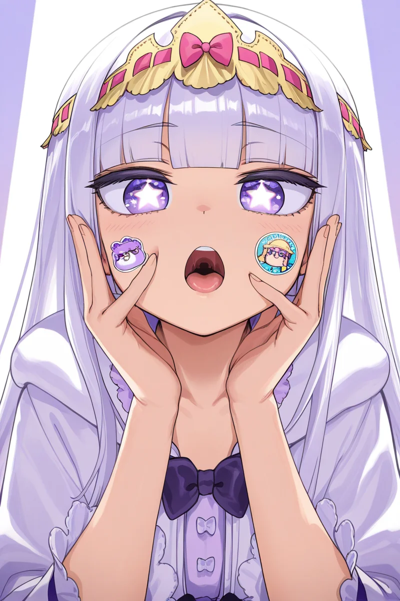 masterpiece, best quality, amazing quality,
<lora:Syalis_IL:1> syalis, star in eye, symbol in eye, 1girl, bangs, purple eyes, solo, star (symbol), looking at viewer, blunt bangs, long hair, symbol-shaped pupils, sticker, bow, hands up, open mouth, star-shaped pupils