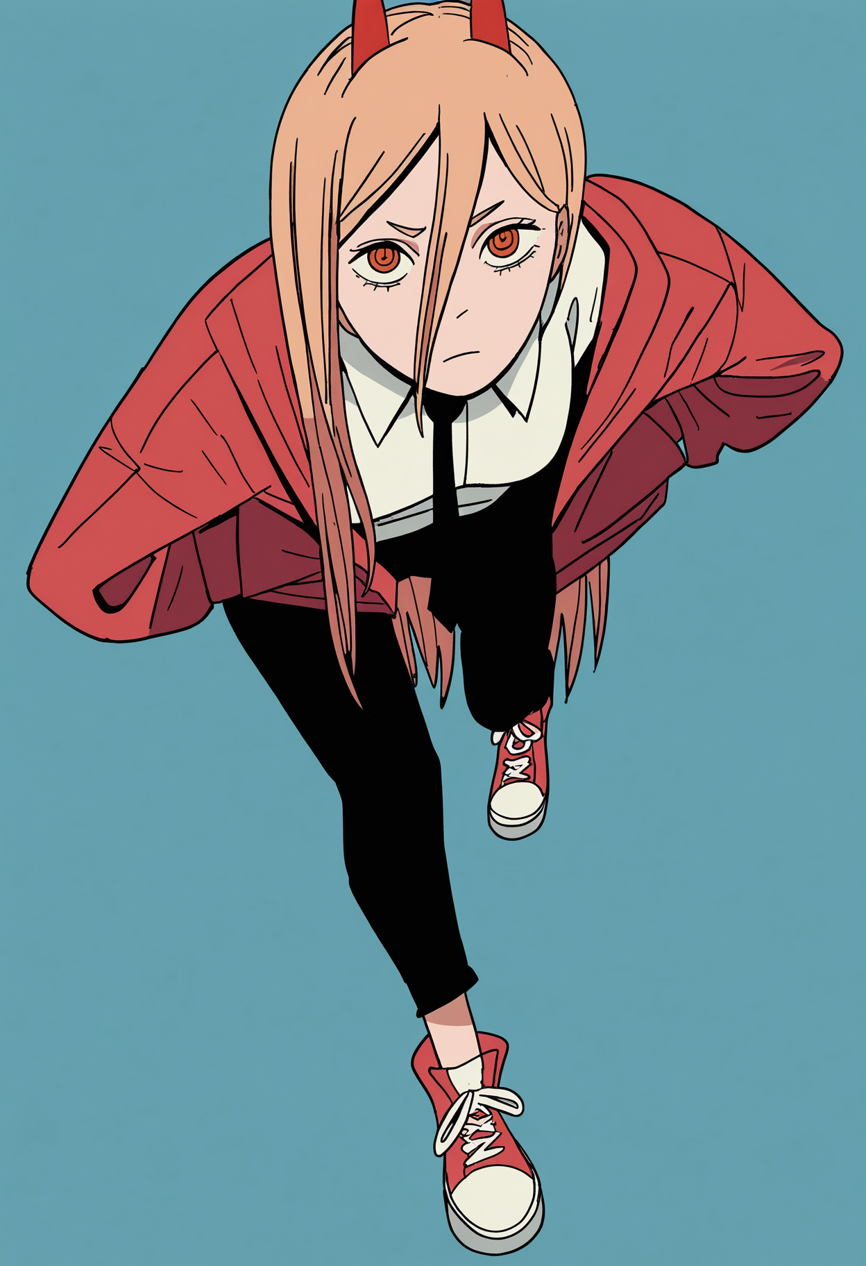 masterpiece, best quality, absurdres, highres, 1girl, black necktie, necktie, solo, long hair, horns, red eyes, shirt, jacket, white shirt, pants, black pants, red footwear, collared shirt, shoes, blonde hair, blue background, simple background, power \(chainsaw man\), hands in pockets, facing viewer, looking at viewer, ringed eyes, leaning forward, close-up, red jacket, from above, upturned eyes, 
 <lora:vewn_ill:1>