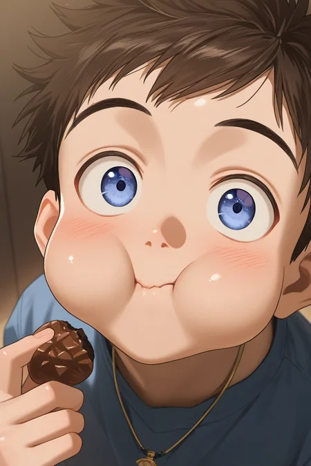realistic shading, natural lighting, food theme, chocolate mark on mouth, eating, male focus, looking at viewer, expressive face, naotafc, brown_naotafc_male hair, blue_naotafc_eyes, 1boy, surprised, wide-eyed, puffed cheeks, cute face, shiny skin, wealthy clothes, necklace, shirt, dutch angle, dynamic angle, intricately detailed illustration, depth of field, masterpiece, best quality, amazing quality, very aesthetic, absurdres, newest