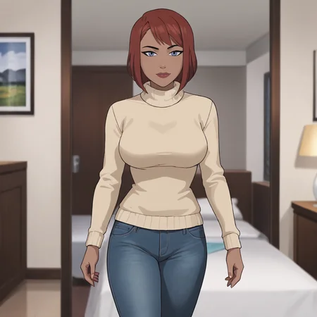 <lora:batgirlkillingjoke_pony_v1:.8>barbarakillingjoke, 1girl,red hair, large breasts, short hair, blue eyes, lipstick, red lipstick, cowboy shot, sweater, jeans