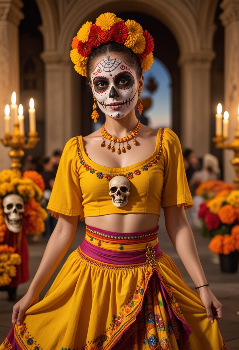 (medium full shot) of (traditional dancer) young woman, wearing a marigold yellow asymmetric skirt with bright colors, vibrant eye makeup, carrying a hand-painted skull, set at Dia de Muertos, in  a grand altar, showcasing elaborate decorations, rich marigold displays, abundant offerings, cultural artifacts, and a reverent atmosphere, during sunset, woman smiling, Masterpiece,best quality, photo, realistic, very aesthetic, detailed face,