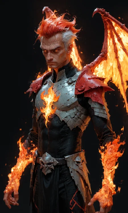 score_9, score_8_up, score_7_up BREAK male fire elemental, slender man, ember eyes, flame hair with white highlights, fire seraph, flame wings, magma armor, fully clothed, subsurface scattering