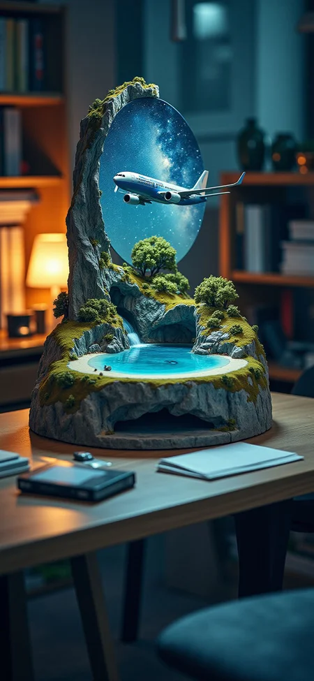 (indoor,very wide isometric view,tilt-shift lens:1.6), (A miniature diorama of:2.5) of (stasis _chamber:1.5), gradation,  gradation,(galaxy,milky way:1.3),  boeing 737 at (floating island,levitating  island:1.5) on (table:2) at (study:2.5)  <lora:Diorama_Flux:1>