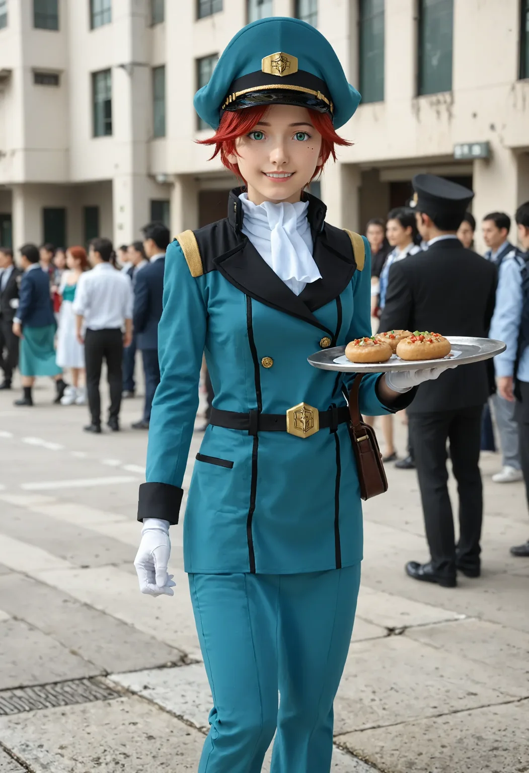 <lora:Hyper-SDXL-8steps-lora:1> <lora:Fixhands_anime_bdsqlsz_V1:1> zPDXL2, score_9, score_8_up, score_7_up, source_anime, intricate details, perfect anatomy BREAK
outdoors, city, tokyo, japan, audience, crowd, tray, serving, standing, Happy, wide smile with raised cheeks and crow's feet around the eyes., 1girl, solo, solo focus,
<lora:GAGE-natora_einus_XL(pony)v10:1> GAGE-natora, red hair, short hair, green eyes, green dress, white ascot, white gloves, belt, green pencil skirt, green pants, white boots, green peaked cap, long sleeves, long pants,
