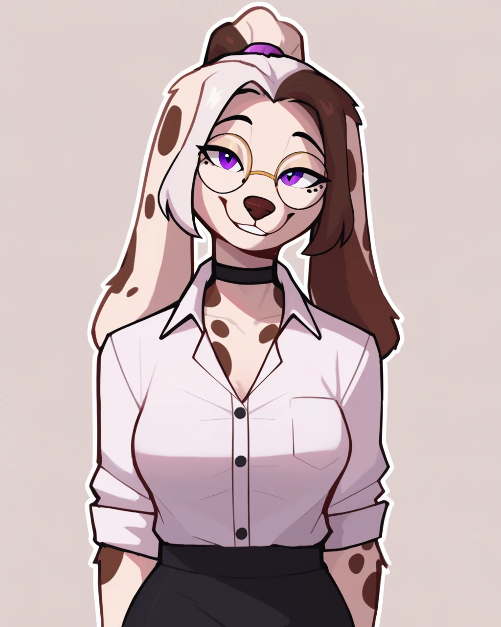 score_9_up, score_8_up, score_7_up, score_6_up, by remanedur, furry female, half-length portrait, dog, female, furry, white hair, purple eyes, round glasses, choker, dress shirt, pencil skirt, spotted body, white body, white ponytail, multicolored hair, long ears, ponytail, medium breasts, looking at viewer, smile, happy, head tilt, solo, three-quarter view, simple background, white outline, <lora:Leah_Pines(AIM)_XL_v1:0.15> <lora:PDXL_artist_tags_v2_big:0.5> <lora:The-Minuscule-Task_PDXL_v1.0:0.6> <lora:Molly_MllyMllyOxnFree:0.7>