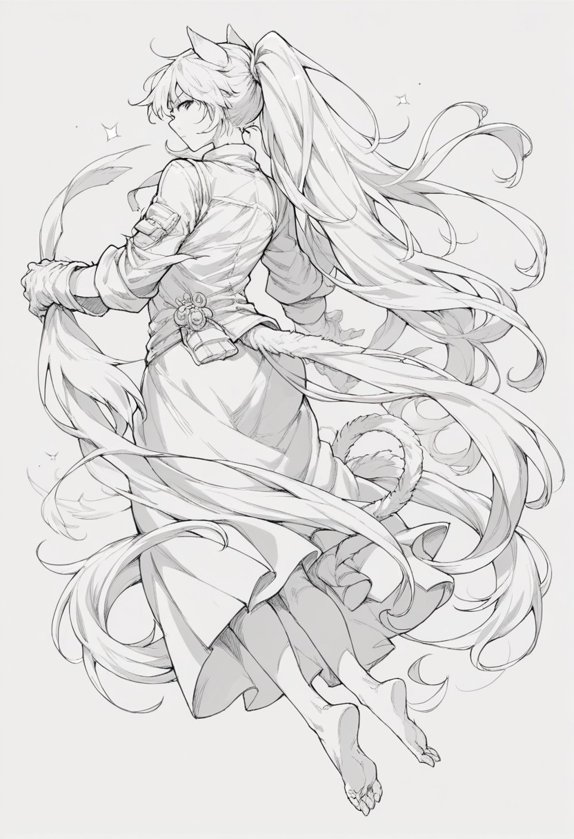score_9, score_8_up, score_7_up, source_anime, lineart, gloves, ponytail, solo focus, tail, skirt, barefoot, looking back, very long hair