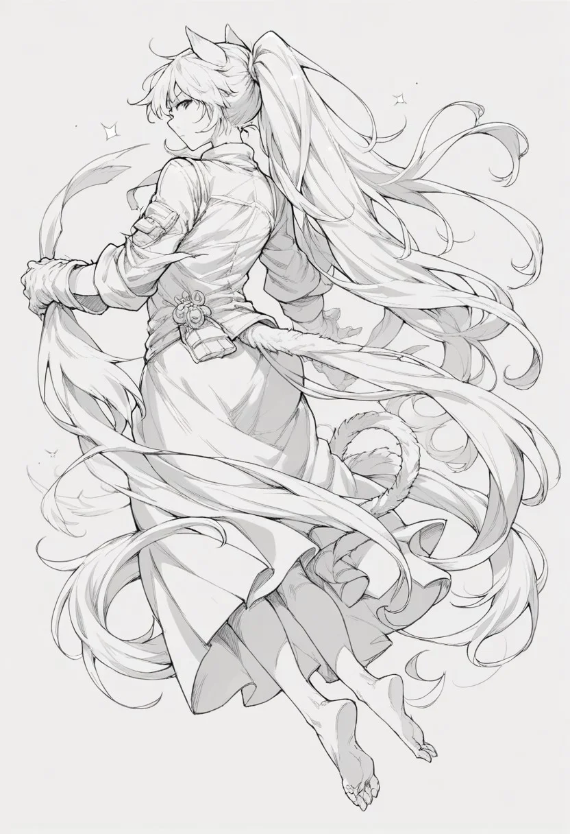 score_9, score_8_up, score_7_up, source_anime, lineart, gloves, ponytail, solo focus, tail, skirt, barefoot, looking back, very long hair