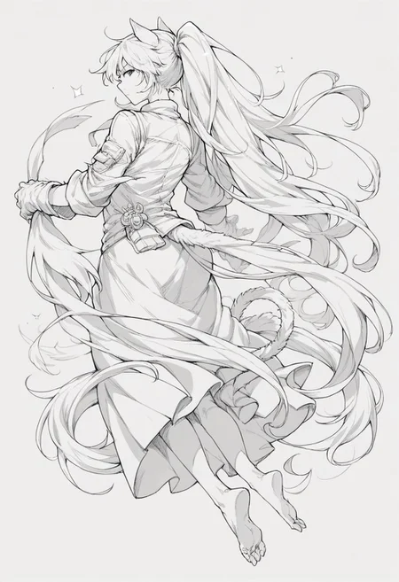 score_9, score_8_up, score_7_up, source_anime, lineart, gloves, ponytail, solo focus, tail, skirt, barefoot, looking back, very long hair