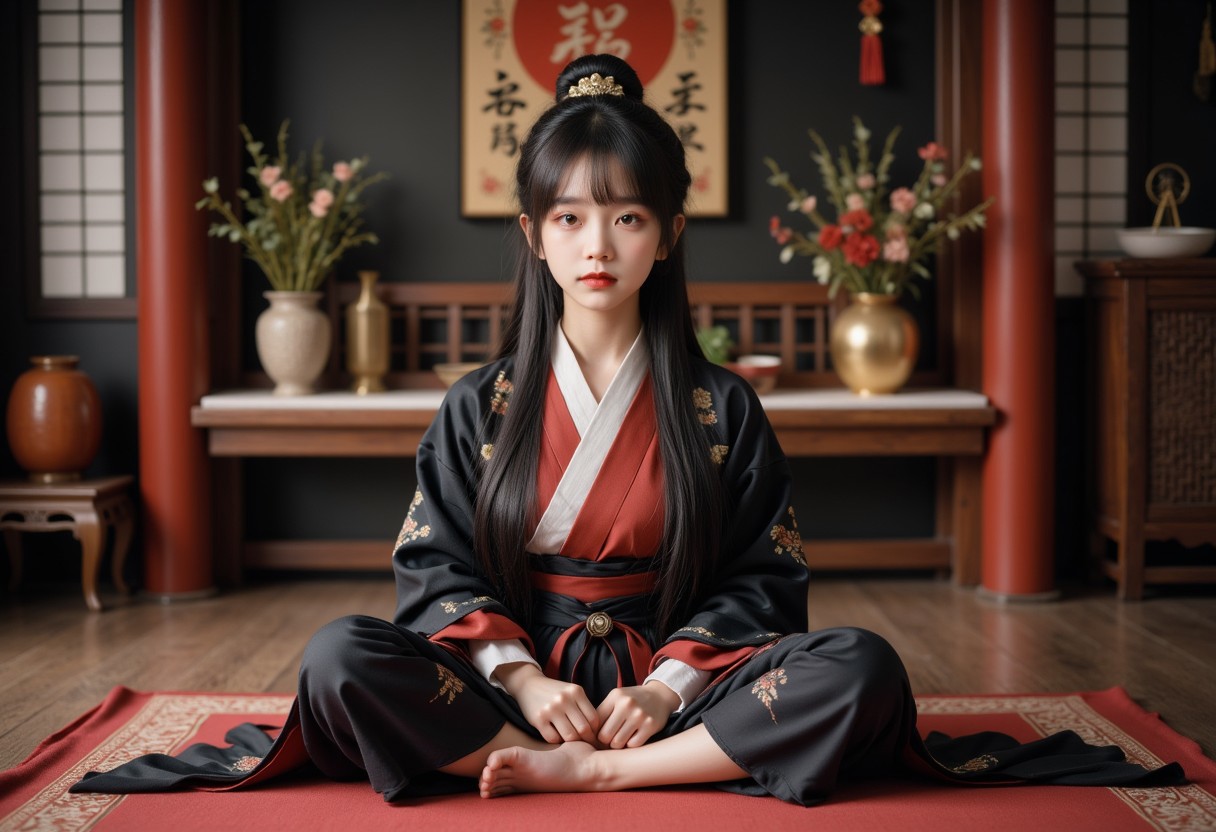 Chinese girl, 1girl, adult, 1qqq, full body view, wei dynasty black hanfu, indoor, chinese temple, cinematic scene, widescreen, meditating