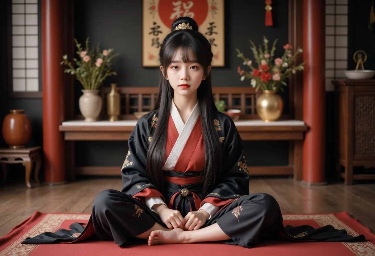 Chinese girl, 1girl, adult, 1qqq, full body view, wei dynasty black hanfu, indoor, chinese temple, cinematic scene, widescreen, meditating