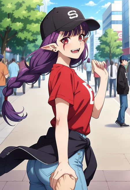 anime screencap, masterpiece, best quality,
<lora:SoloLeveling_EsilRadiru_IlluXL:0.9>,
1girl, solo, open mouth, smile, teeth, fangs, blush, floating hair,
single braid, long hair, purple hair, red eyes, facial mark, pointy ears, earrings,
baseball cap, black headwear, print shirt, red shirt, black jacket, jacket around waist, blue jeans, ass,
holding hands, from side, looking back, pov hands,
standing, looking at viewer, cowboy shot,
outdoors, city, tree, street, people, blurry background