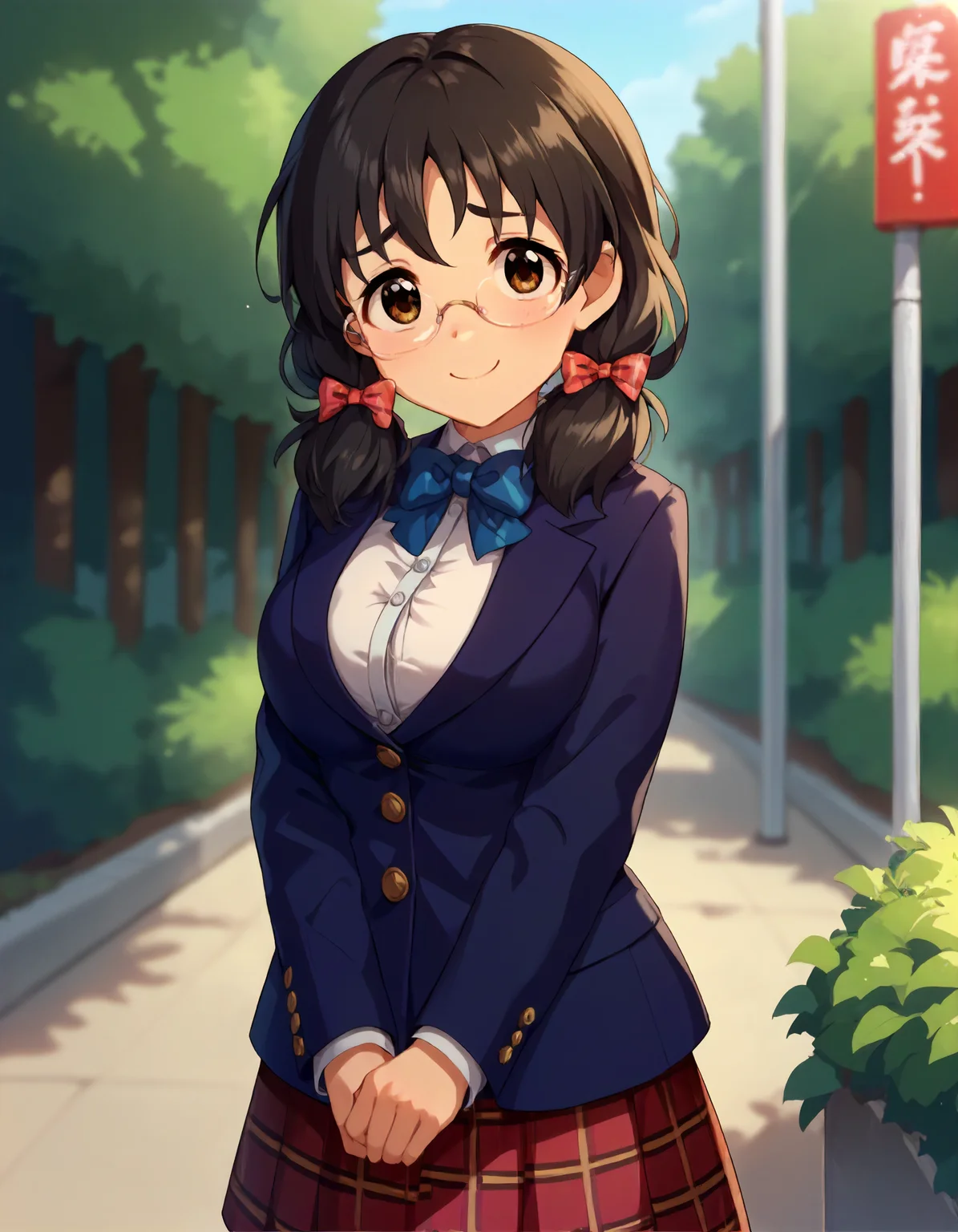 score_9,score_8_up,score_7_up,1girl,solo,cowboy shot,shy smile,closed mouth,looking at viewer,outdoors,
<lora:asanofuuka_ponyXLV6:0.8>,cgaf,
black hair,low twintails,brown eyes,rimless eyewear,large breasts,
hair bow,blue bowtie,blazer,red plaid skirt