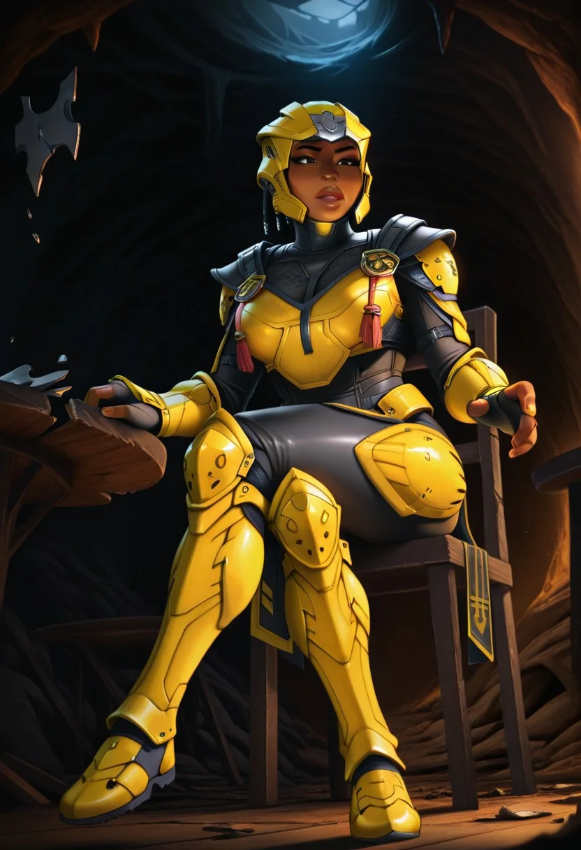 Solo, sektor, Cyrax, Helmet, dark-skinned female, lips, black eyes, Black bodysuit, shoulder armor, breastplate, gauntlets, fingerless gloves, leg armor, pelvic curtain, armor boots, large breasts, sitting on chair, crossed legs, from below, indoor abandoned cave, brown floor, broken chairs, black walls, tables chairs,
