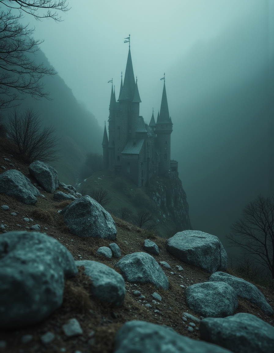 Mysticism. The concept. Surrealism. 
Slumbering behind the mountain, my gloomy castle.
The soul is tormented sometimes by the peace that reigns in it.
I am a suffering hero of your fantasies,
And all the images of my living love are with me.
I often see fear in the eyes looking at me.
They are destined to sleep within my walls,
Freeze in my worlds.
But my heart burns with love, my soul hurts.
And the wax figures look beautiful -
Peace reigns everywhere!

spectacular lighting, unimaginable quality, 8K, UHD, 

 (Depth of field), Fujica GW690 camera, medium 20 mm film.
