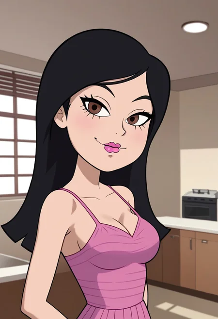 Chinese-American girl with light skin, waist-length black hair, brown eyes, pink lipstick, adult, medium breasts, indoors, flirt, tease, looking at viewer, source_cartoon