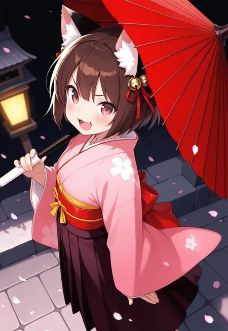 1girl , from side, looking at viewer, from above, dutch angle, temple, dappled moonlight, lantern, 
1girl, mahjong tile, umbrella, solo, animal ears, japanese clothes, mahjong, open mouth, brown hair, holding, bell, cat ears, kimono, oil-paper umbrella, short hair, smile, hair bell, looking at viewer, hair ornament, pink kimono, holding umbrella, fang, wide sleeves, jingle bell, sash, blush, skirt, long sleeves, petals, ribbon, red sash, red umbrella, food, obi, feet out of frame, :3, hair ribbon, :d, brown eyes, pink eyes, standing, v-shaped eyebrows, bow, red eyes, black background, cat girl
,masterpiece,best quality,amazing quality,