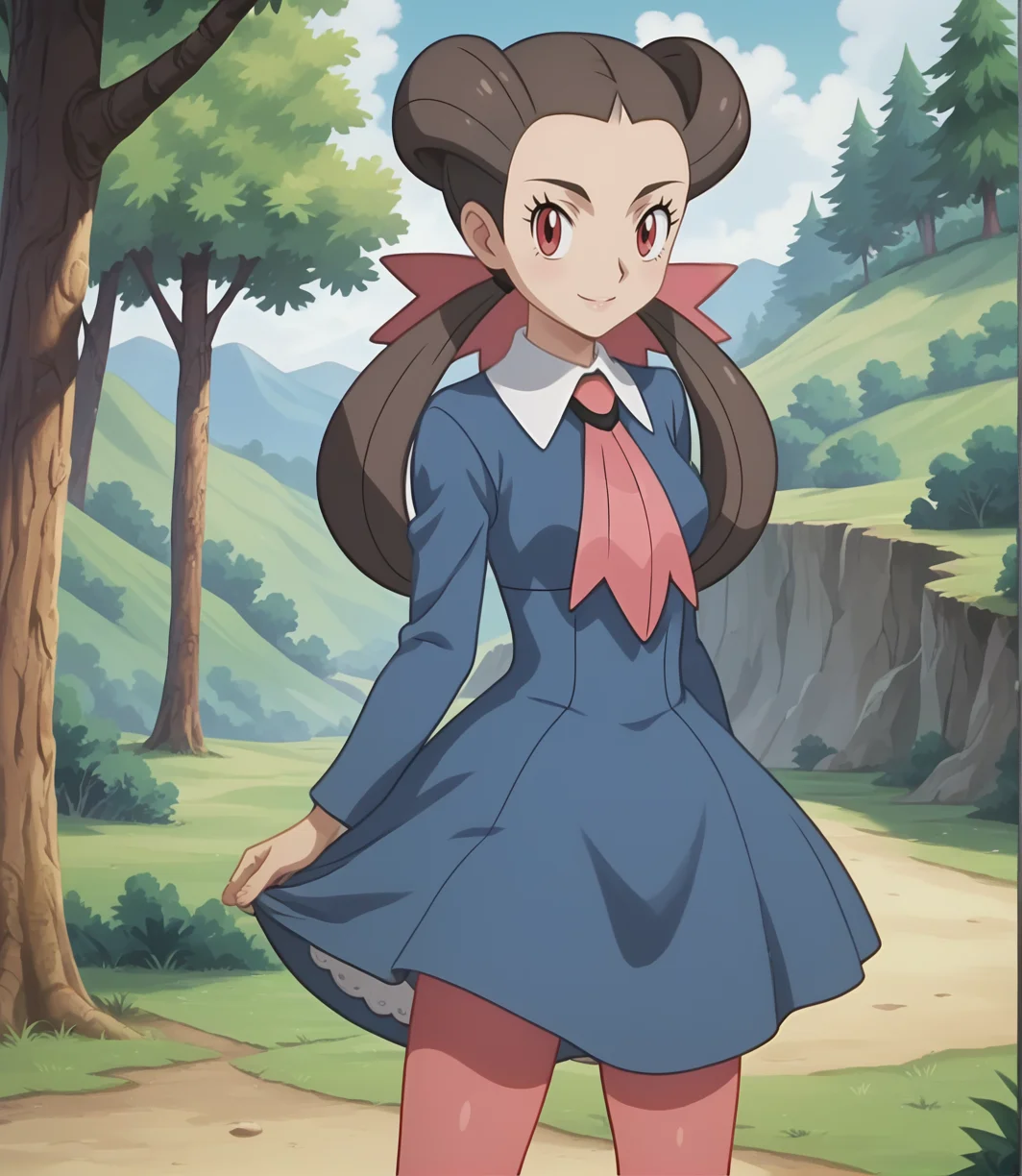 score_9,score_8_up,score_7_up,score_6_up,source anime BREAK, anime screencap, 1girl, solo,
looking at viewer, smile, outdoors, forest, mountains, scenery, standing, cowboy shot,
1girl, roxanne (pokemon), long hair, hair pulled back, twintails, brown hair, eyelashes, red eyes, medium breasts,
(pokemon rse:1.1), blue dress, pink ribbon, bow, pink ascot, ribbon, pink ascot, long sleeves, necktie, pink pantyhose,
<lora:roxanne_v1_0:1> <lora:Realistic_2.5DAnime_Merge1:0.4>