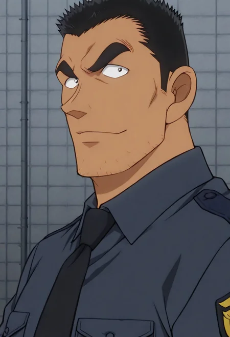 Anime, quality,high quality,masterpiece,extremely detailed,correct anatomy,best aesthetic, detailed face, (solo), 1man, mature_male, crew cut, (solid pupils:1.5, black short hair, Date Wataru ), tanned skin, puffy nipples, big taller_male, (police uniform, confident face, looking at viewer), on the city street