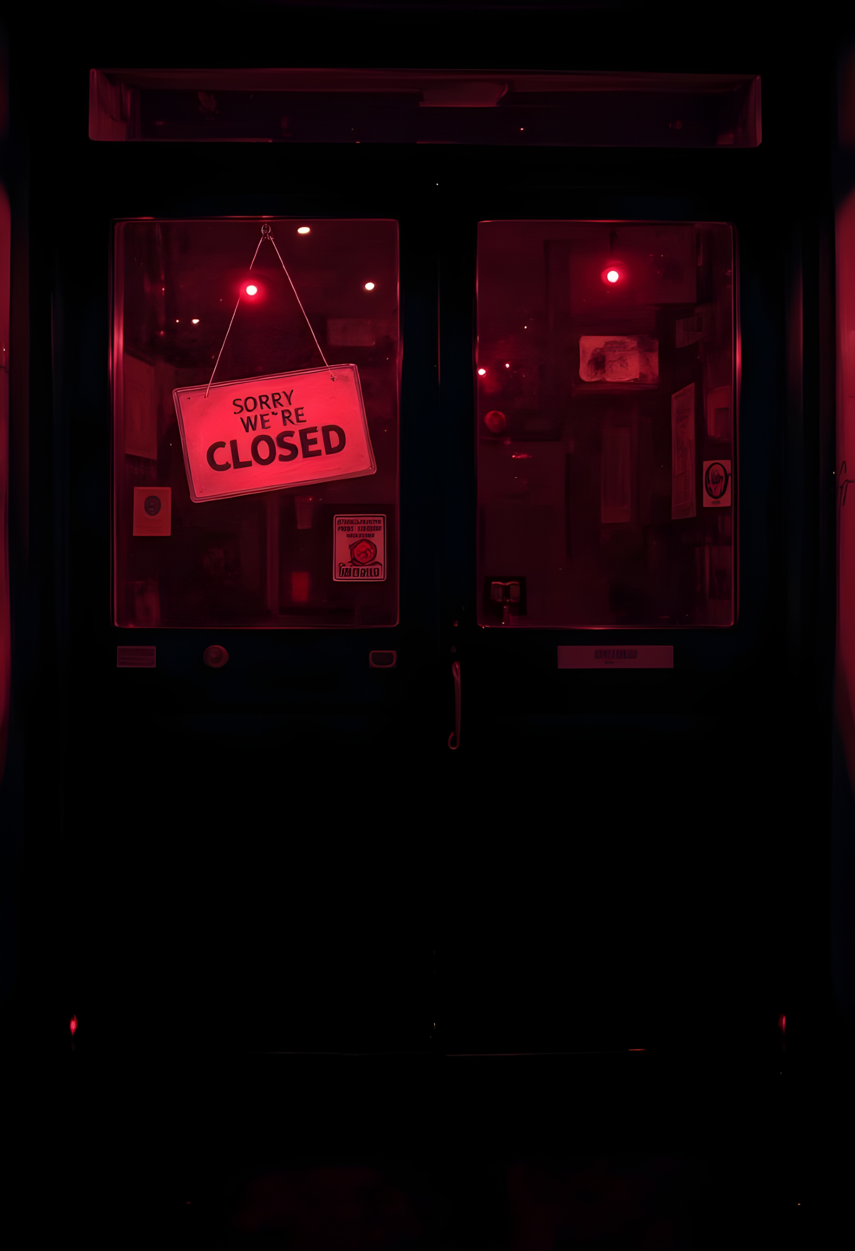 cinna flow, close-up shot of the closed door to a dark shop in a seedy red light district, focusing on the hanging sign on the door. The sign says: 'Sorry We're Closed', a red light softly shines on the sign. very detailed, vibrant colors