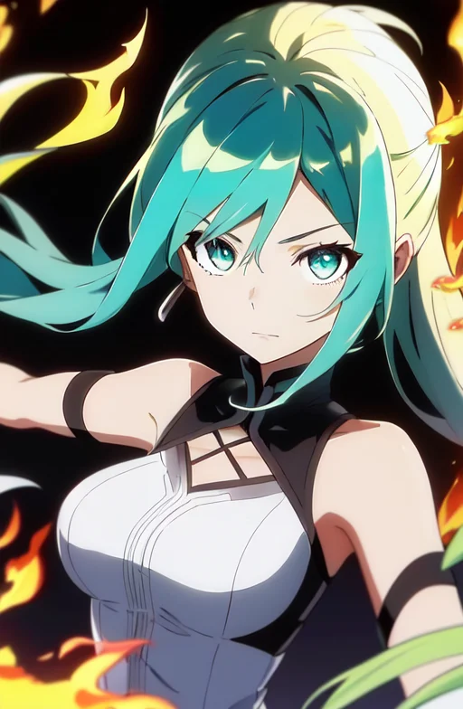 <lora:FireVFX:0.5> <lora:iridescent_hair:0.4> multicolored hair, glow hair, bloom, Masterpiece, best quality, 1girl, with shimmering iridescent hair that seems to flicker like flames. Her eyes are a bright, intense green, and seem to glow with the same fiery energy that surrounds her. She wears a simple, white dress that contrasts with the swirling flames that surround her, as if she is the source of the inferno. In the background, you can see a darkened, apocalyptic cityscape, as if the world around her is being consumed by fire