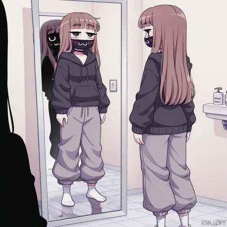 Paula,1girl,Brown hair,mask with :3 symbol,choker,bangs, hoodie,baggy gray pants,white socks,Long hair
Paula in the bathroom looking in the mirror. The reflection in the mirror is a black silhouette. Subtitles read "Where is my mind?"