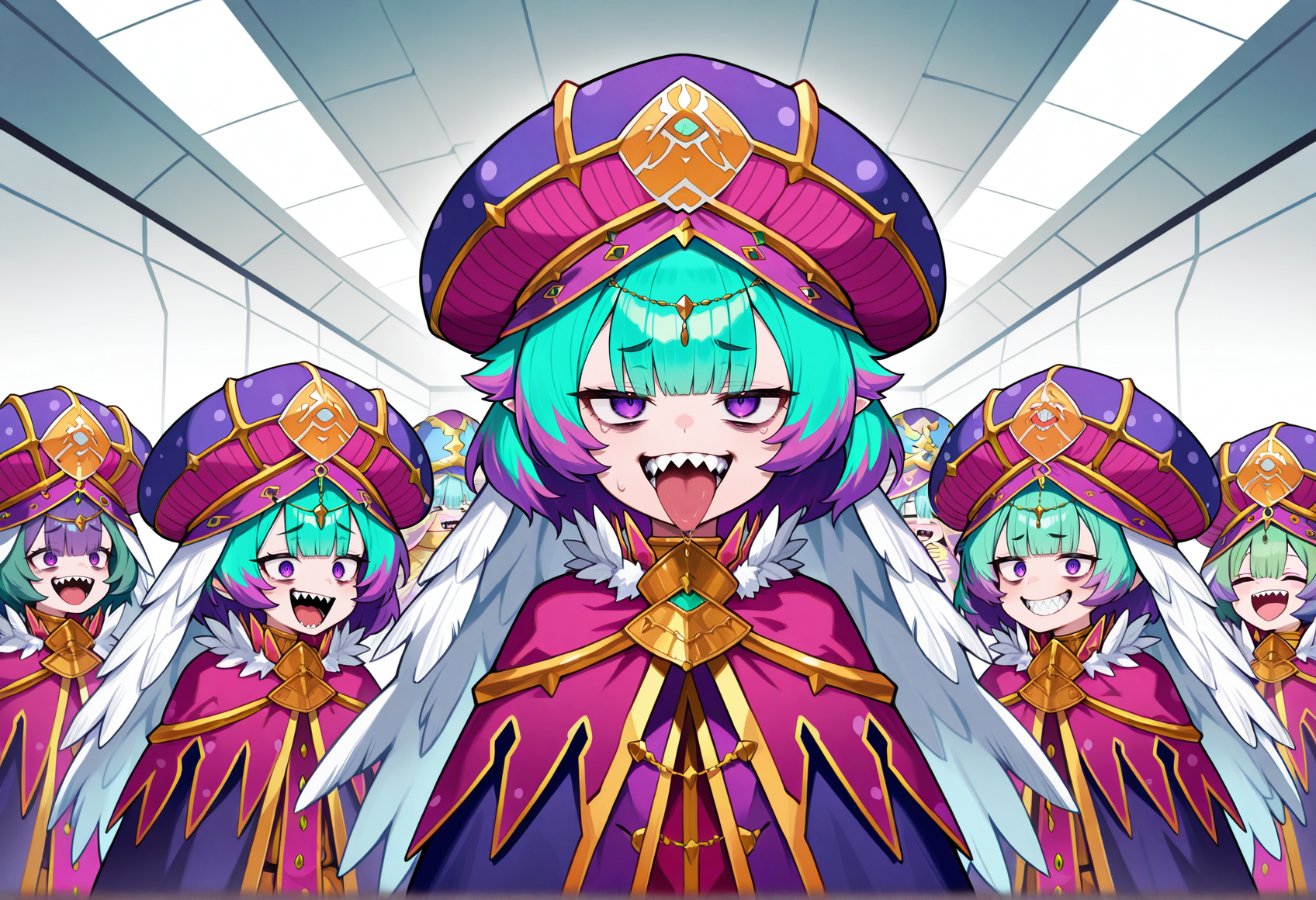 6+girls, indoors, spacecraft interior, white walls, short hair, multicolored hair, green hair, purple hair, purple eyes, sharp teeth, hat, feathers, cloak, laughing,   <lora:locusta:1> looking at viewer,, masterpiece, best quality, amazing quality, very aesthetic, absurdres, highres, newest