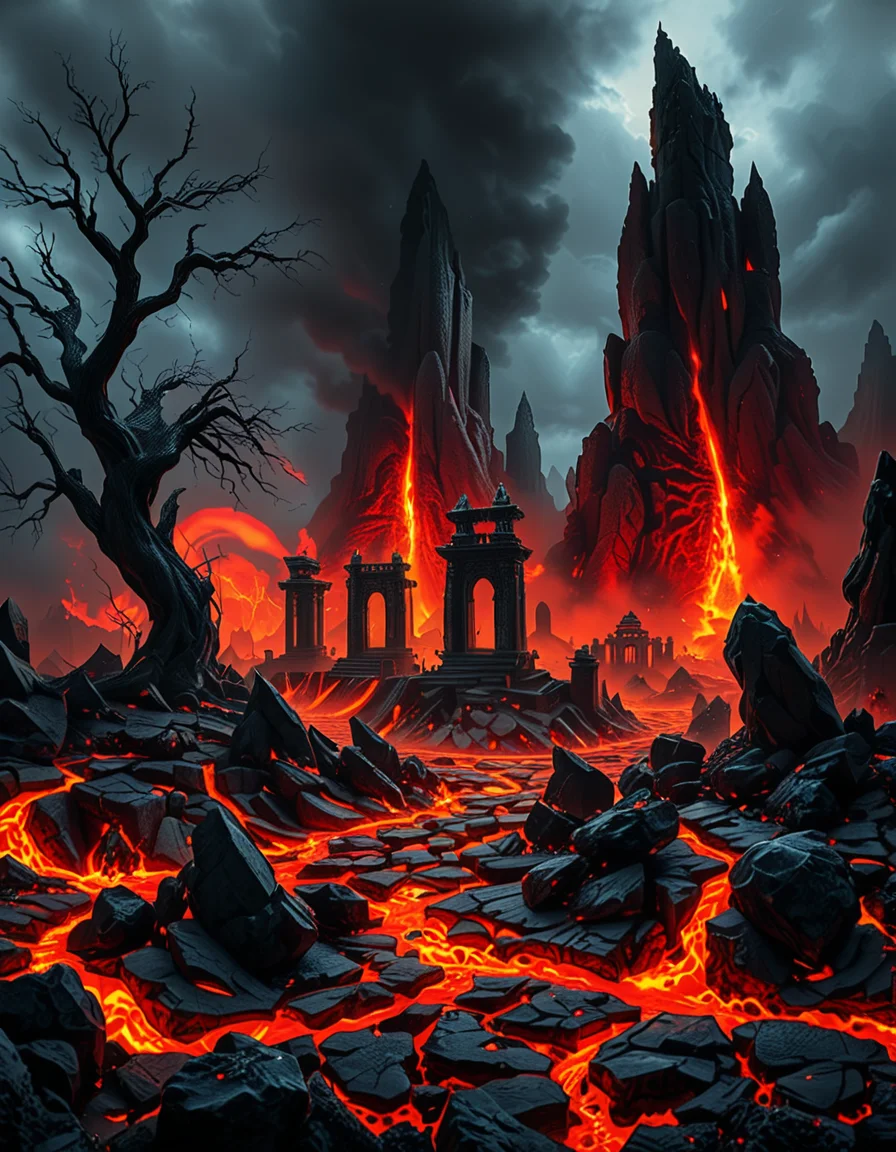A terrifying and surreal depiction of the depths of Hell. The landscape is vast and nightmarish, filled with jagged obsidian cliffs, rivers of molten lava, and towering spires of blackened rock. The sky is a swirling vortex of crimson and black, illuminated by eerie, flickering flames. Chains dangle from massive, decaying arches, and tormented souls writhe in agony, their ghostly figures stretching toward the burning sky. Demonic creatures with twisted horns and glowing eyes lurk in the shadows, watching hungrily. The ground is cracked and scorched, exhaling thick plumes of sulfuric smoke. In the distance, a colossal, menacing throne made of skulls and bones looms over the infernal landscape, occupied by a shadowy, horned figure. The atmosphere is thick with despair, enhanced by a dramatic, chiaroscuro lighting effect that contrasts the deep shadows with the hellish glow of the flames. Hyper-realistic, highly detailed, dark fantasy style.
<lora:SDXLFaeTastic2400:0.4> <lora:extremely_detailed:0.4> extremely detailed,<lora:depths_of_h3ll:1>,depths of h3ll, Masterpiece,best quality,hi res,8k,hi res,8k,award winning,(sharp focus, intricate, highly detailed),