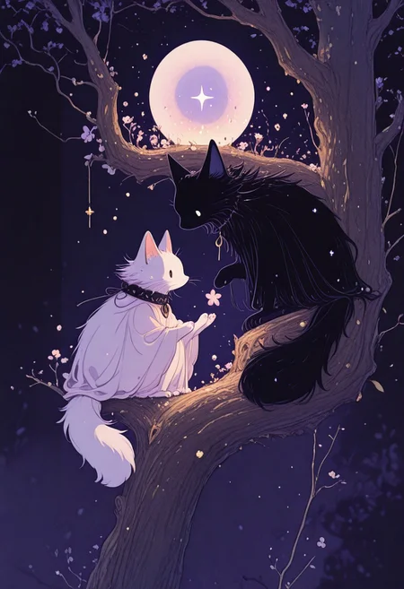 Studio Ghibli Dark Fairytale, masterpiece, best quality, absurdres, cats sitting on a tree branch, facing each other in an intimate and harmonious pose. The left cat is black, while the right cat is white, creating a striking contrast. They are surrounded by delicate, blooming branches with small flowers, adding a serene and romantic atmosphere. The background is softly blurred, focusing the viewer's attention on the cats and their interaction. The lighting is soft, emphasizing the texture of their fur and the gentle ambiance of the scene. pink heart in front of them, white sphere in the background, h4ra_illu, momosp