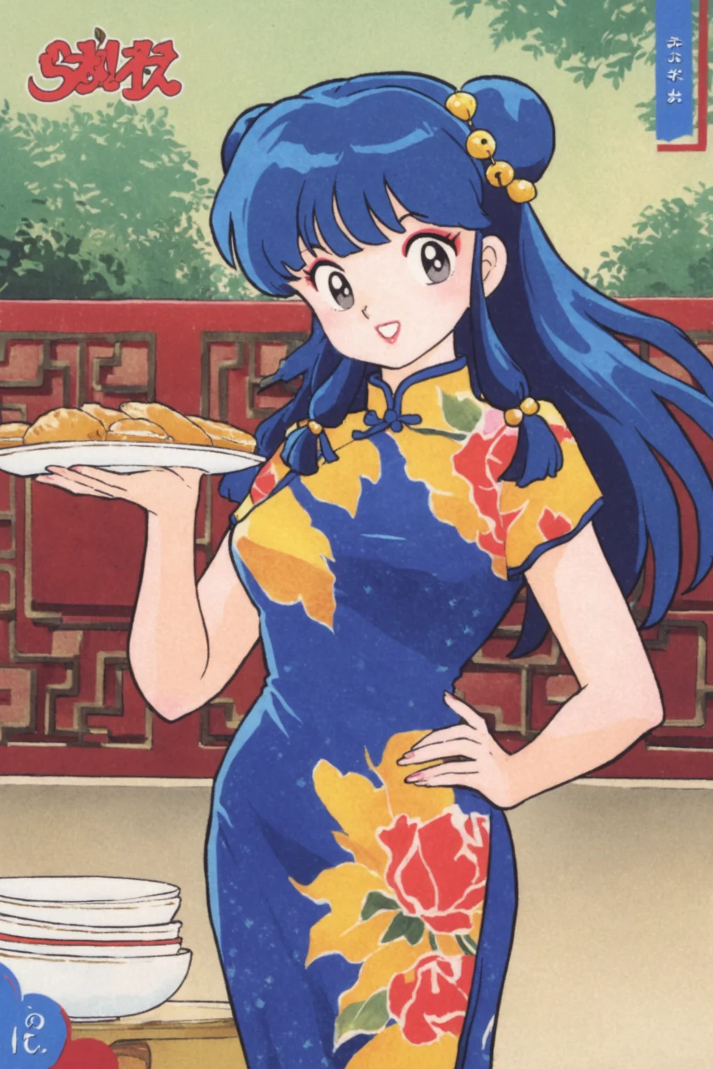 1girl, shampoo (ranma 1/2), solo, long hair, holding, apron, chinese clothes, hair bun, food, retro artstyle, double bun, hair ornament, hand on hip, looking at viewer, smile, dress, makeup, holding plate, china dress, short sleeves, sidelocks, black eyes, bangs, hair bell, bell, floral print, bowl, blue hair, parted lips, cowboy shot, 1980s (style),<lora:Takahashi Rumiko_XL:0.8>,