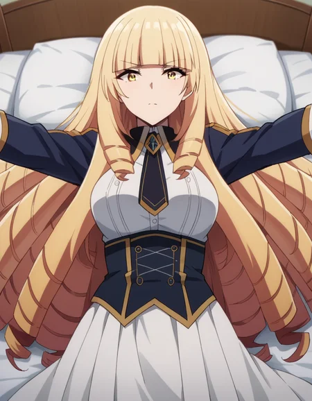 score_9, score_8_up, score_7_up, source_anime,
orianarose, <lora:oriana-rose-ponyxl-lora-nochekaiser:1>,
oriana rose, long hair, blonde hair, yellow eyes, drill hair, bangs, blunt bangs, mature female,
skirt, jacket, necktie, white skirt, corset,
indoors, bed, bed room, on back, arm support, arms up, incoming hug, pov, reaching, reaching towards viewer,
looking at viewer, dutch angle,