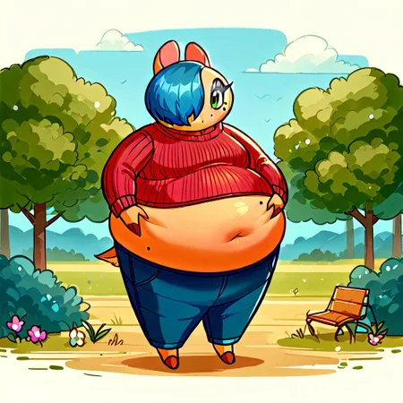score_9, score_8_up, score_7_up, Shebbs, Maydine, Blue Hair, Hair Covering one eye, Red Sweater, Pants, Makeup, beauty mark, outside, Belly