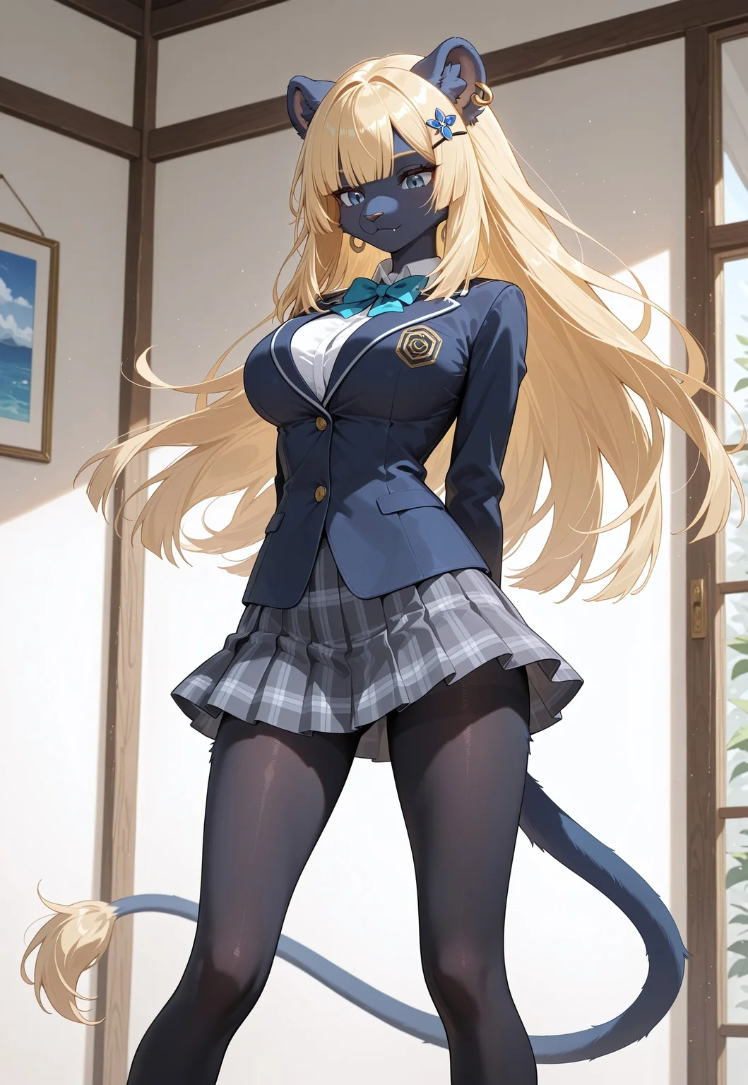 (masterpiece:1), (best quality:1), amazing quality, 4k, very aesthetic, high resolution, ultra-detailed, absurdres, newest, 1girl, (solo), furry anthro feline girl, felidae, felis, dark blue body fur, detailed fur, single fur color, small fangs, lion head, lion tail, blond tail tuft, lion ears, blond hair, (skinny:1), ((narrow legs)), small head, (large breasts:1), long hair, blonde hair, hime cut, ((hair ornament:1)), (hook earrings:1), closed mouth BREAK jacket, school uniform, short skirt, black pantyhose BREAK detailed, detailed background, hands behind back, cowboy shot, legs apart, looking down, waifu, supermodel