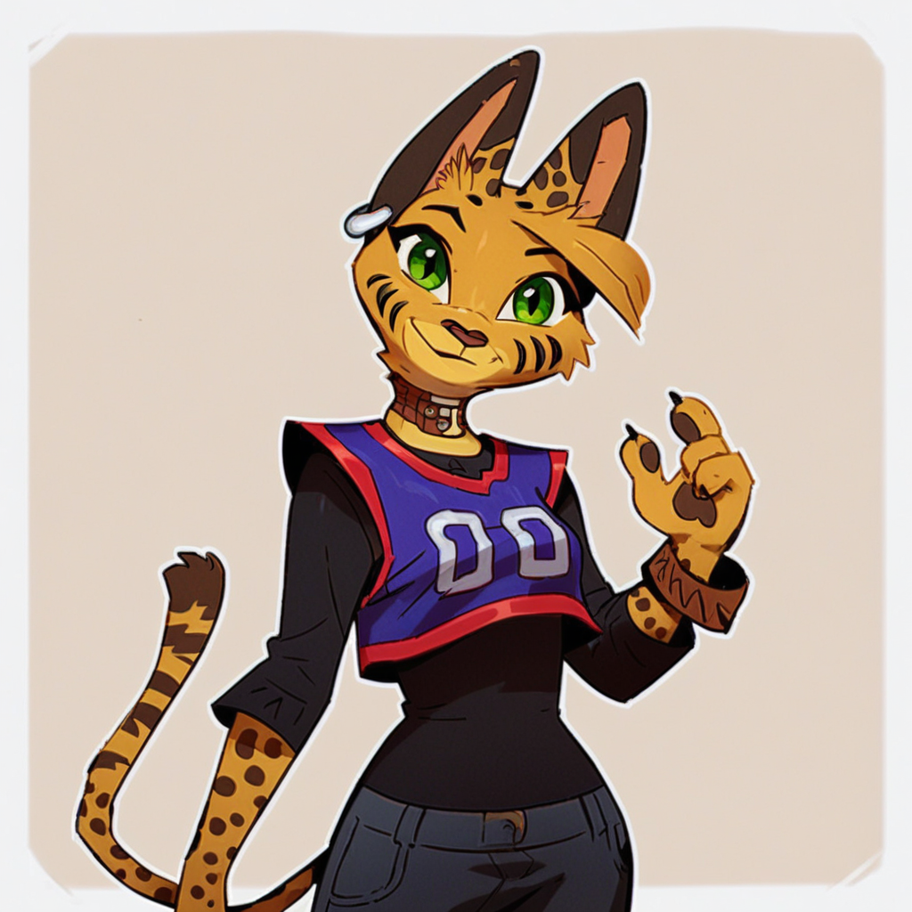 score_9_up, score_8_up, score_7_up, score_6_up, half-length portrait, medium breasts, brown choker, serval, green eyes, female, looking at viewer, tail, 4 fingers, ear piercing, brown bracelet, bracelet, collar, denim bottomwear, denim jeans, ripped jeans, brown ears, brown spots, facial markings, jersey, tail, solo, smile, three-quarter view, head tilt, simple background, white outline,