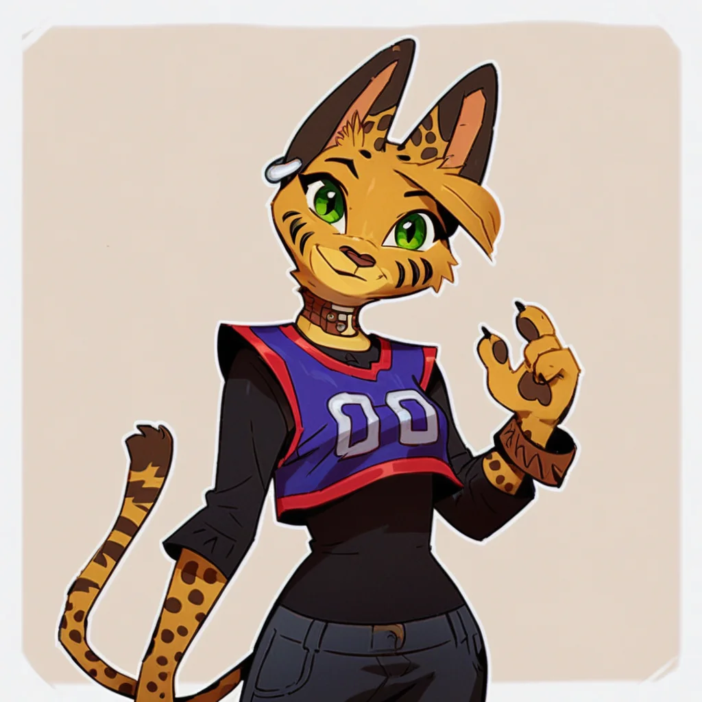 score_9_up, score_8_up, score_7_up, score_6_up, half-length portrait, medium breasts, brown choker, serval, green eyes, female, looking at viewer, tail, 4 fingers, ear piercing, brown bracelet, bracelet, collar, denim bottomwear, denim jeans, ripped jeans, brown ears, brown spots, facial markings, jersey, tail, solo, smile, three-quarter view, head tilt, simple background, white outline,
