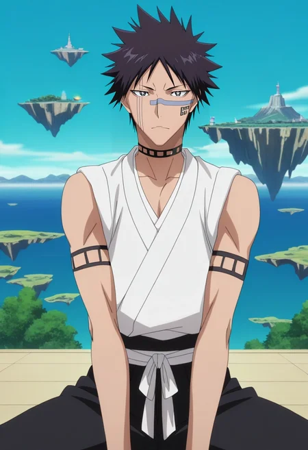 masterpiece, best quality, intricate details, anime screencap, anime coloring, official style, looking at viewer, 1boy, solo, male focus, <lora:shuuhei_hisagi_ilxl:0.98>, shuuhei_hisagi, black hair, black eyes, short hair, spiked hair, japanese clothes, sleeveless, choker, straight-on, floating island, day, yoga, sparkling eyes, christmas costume